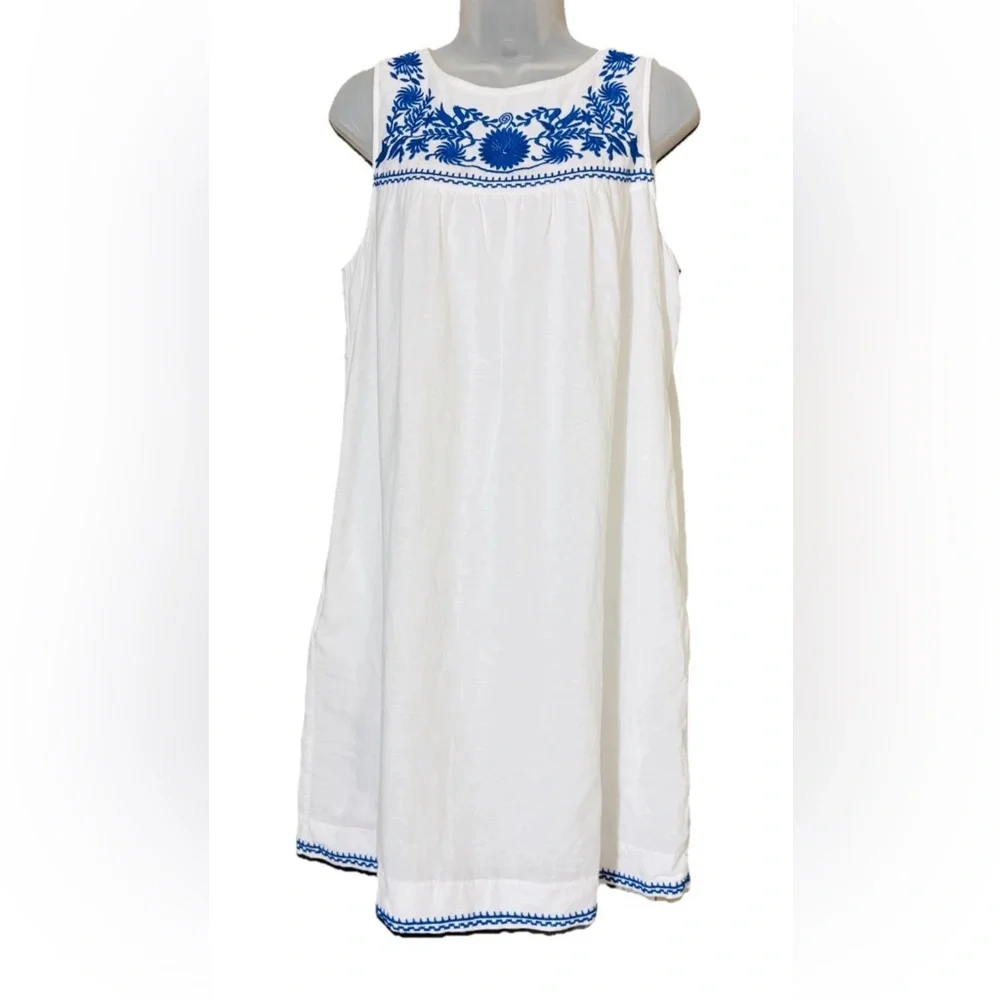 J. Crew Embroidered Dress Size M White Blue Linen Cotton Lined Beachy Boho - Picture 10 of 10